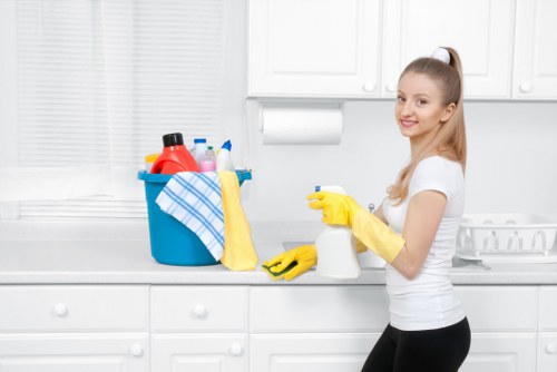 Professional cleaner working in a W1W home kitchen and living area